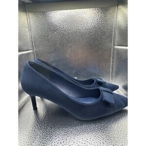 Unbranded Navy Blue Faux Suede Pointed Toe Bow Kitten Heel Pumps